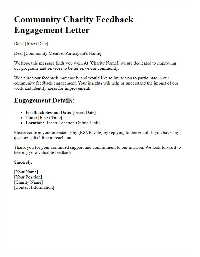 Letter template of engagement for community charity feedback.