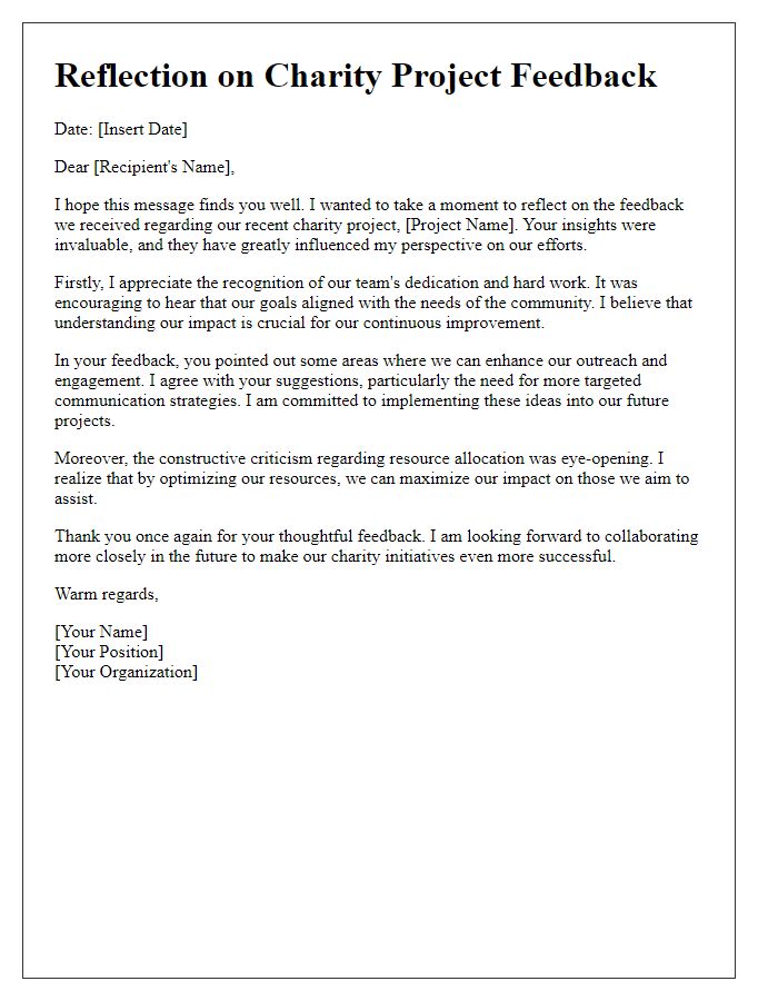 Letter template of reflection on charity project feedback received.