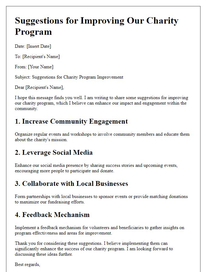 Letter template of suggestions for charity program improvement.