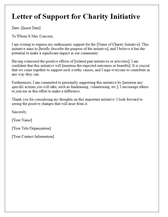 Letter template of support for charity initiative responses.