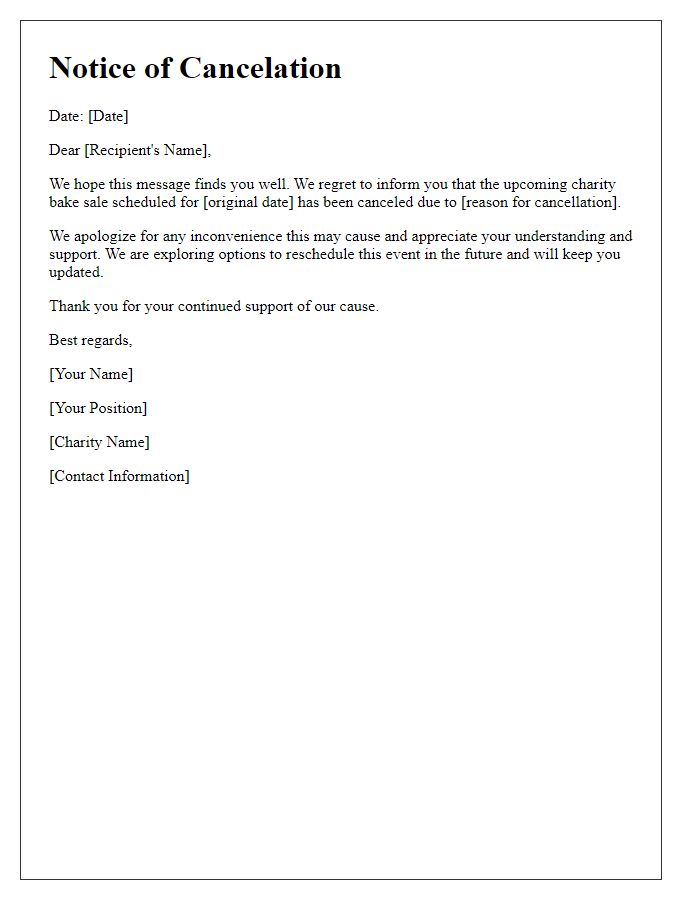 Letter template of canceling charity bake sale