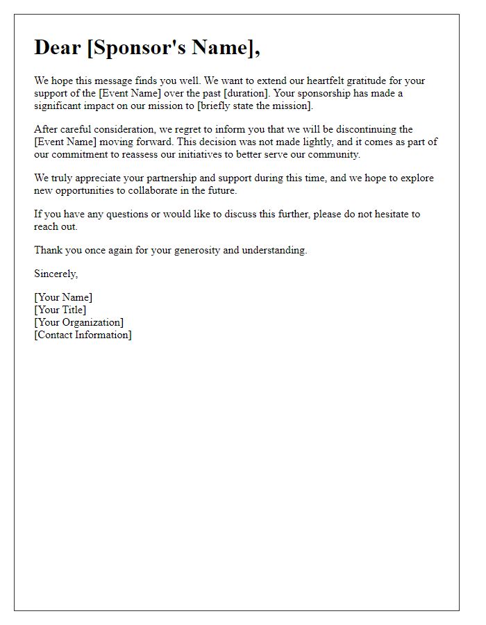 Letter template of discontinuing charity sponsorship event