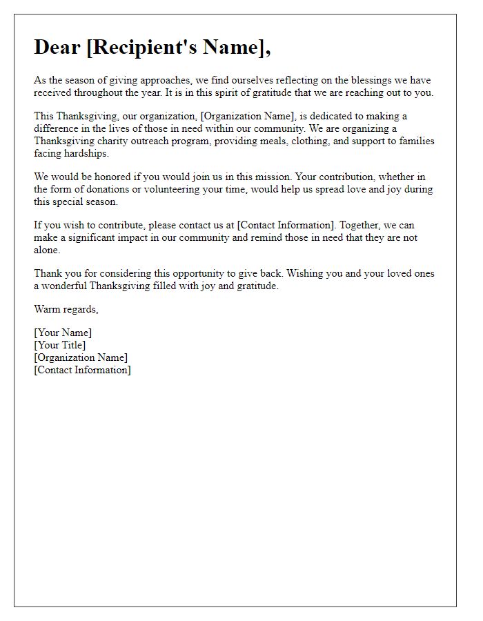 Letter template of Thanksgiving charity outreach