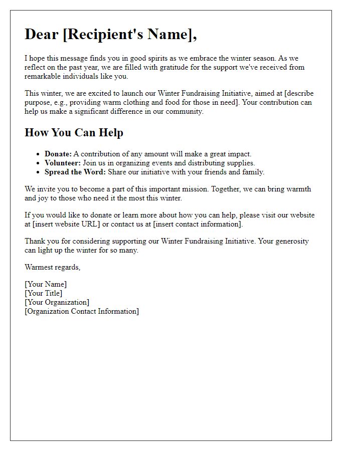 Letter template of winter fundraising initiative