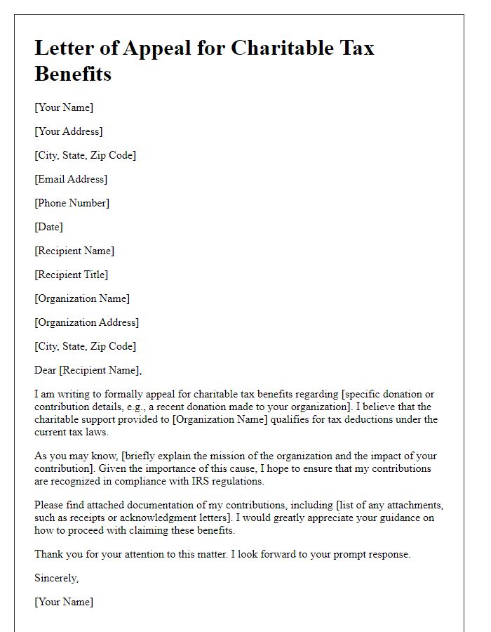 Letter template of appeal for charitable tax benefits.