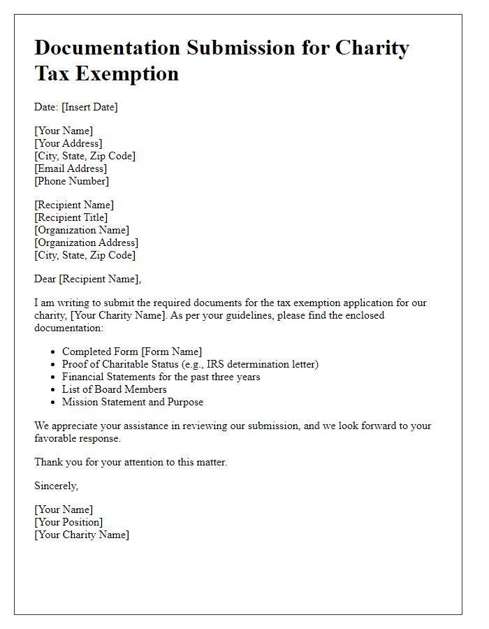 Letter template of documentation submission for charity tax exemption.