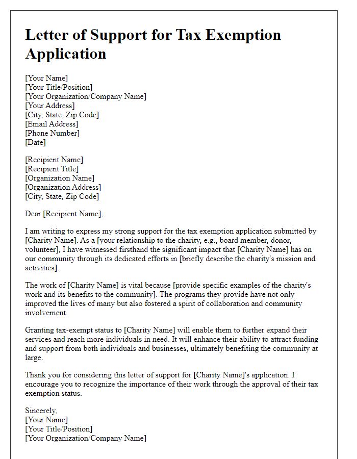 Letter template of support for charity tax exemption application.