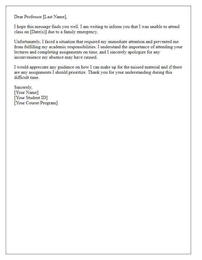 Letter template of absence justification for family emergency to professor