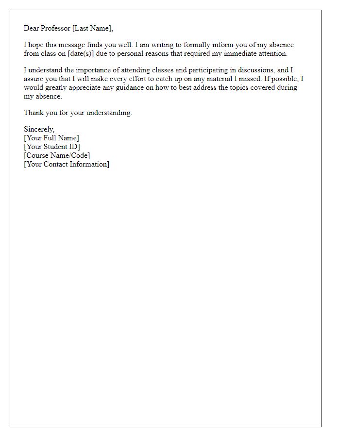 Letter template of absence justification for personal reasons to professor