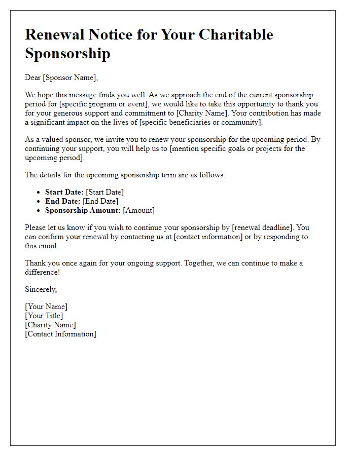 Letter template of renewal notice for charitable sponsorship