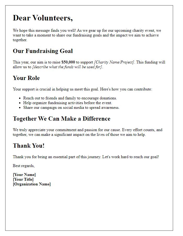 Letter template of fundraising goals for charity event volunteers