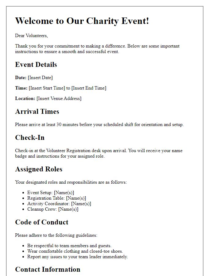 Letter template of instructions for charity event volunteers