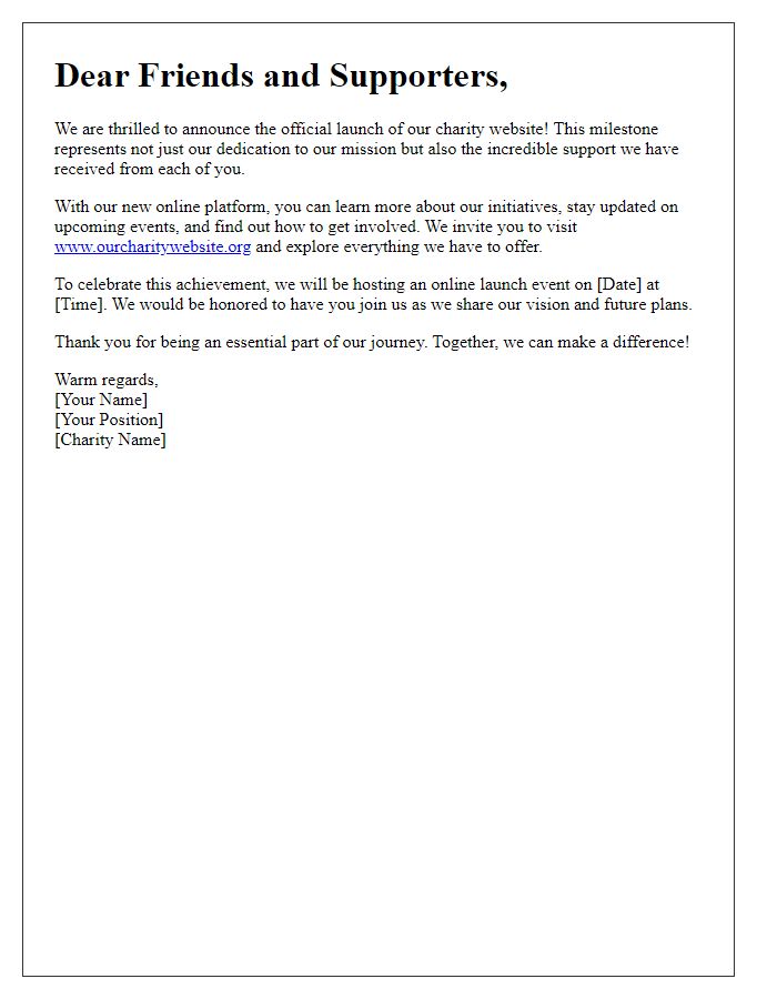 Letter template of celebrating the launch of our charity website.