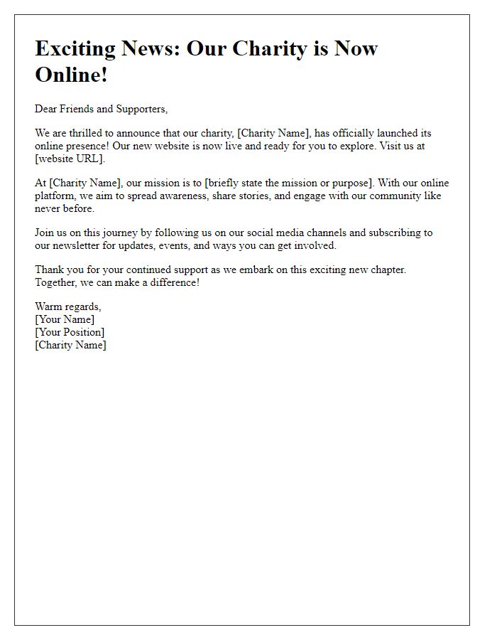 Letter template of debuting our charity's online presence.