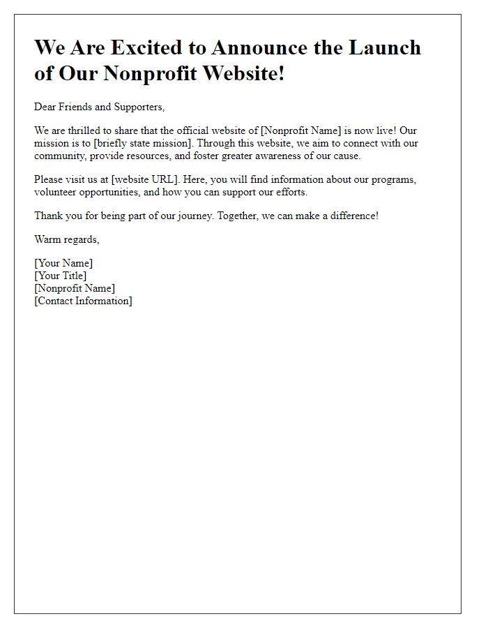 Letter template of launching our nonprofit website.