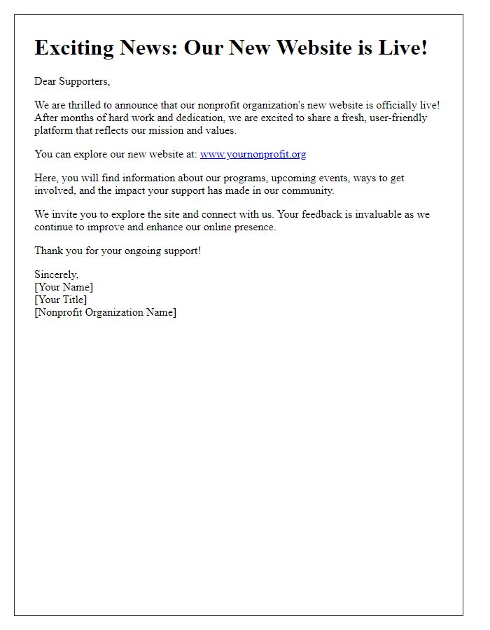 Letter template of our nonprofit's website go-live notification.