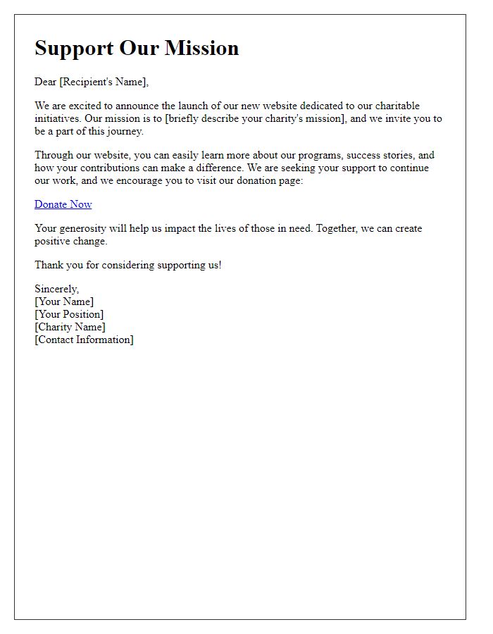 Letter template of showcasing our charity's website for donations.