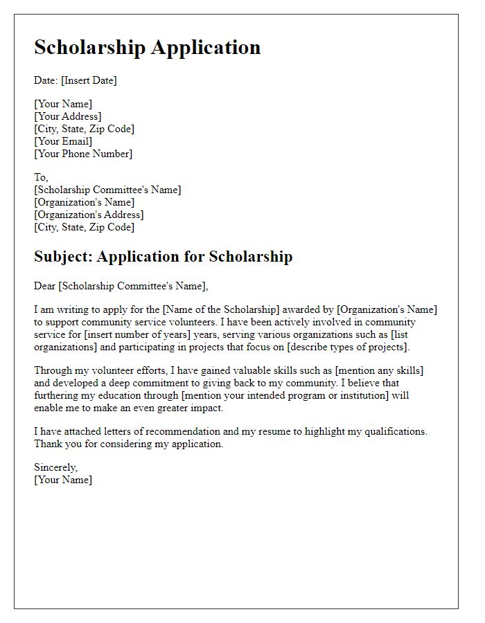 Letter template of scholarship application for community service volunteers.