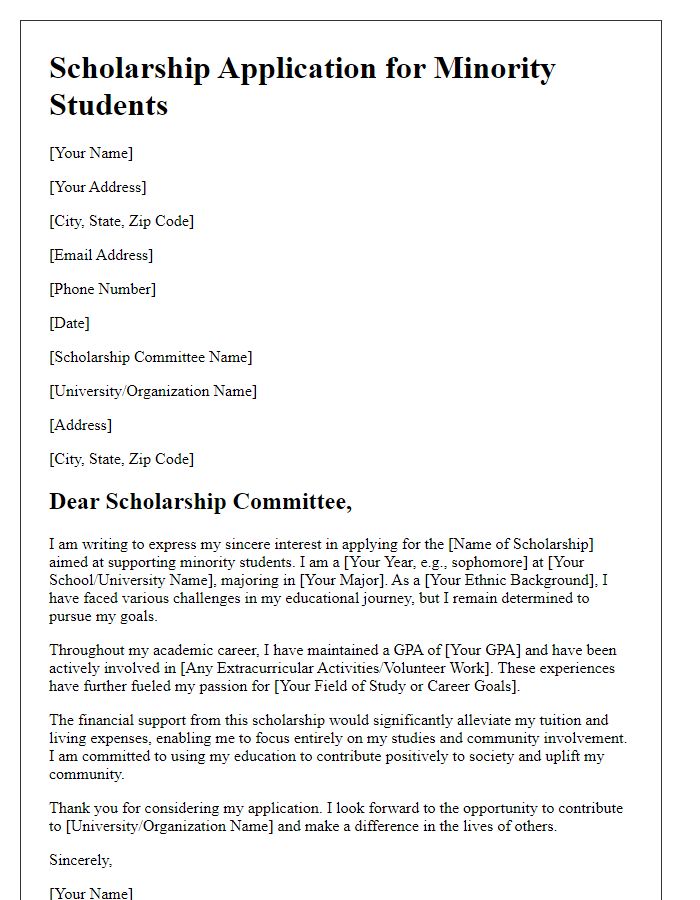 Letter template of scholarship application for minority students.