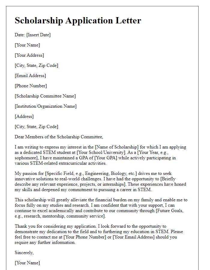 Letter template of scholarship application for STEM students.