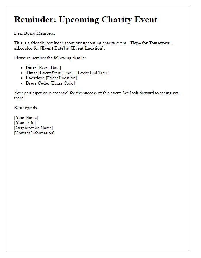 Letter template of charity event reminder for board members.