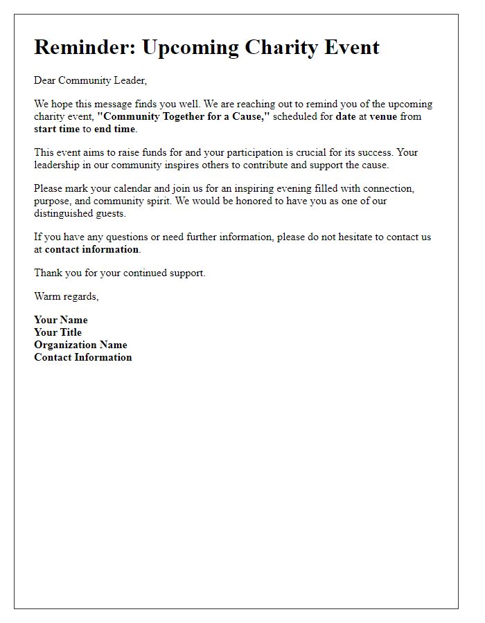 Letter template of charity event reminder for community leaders.