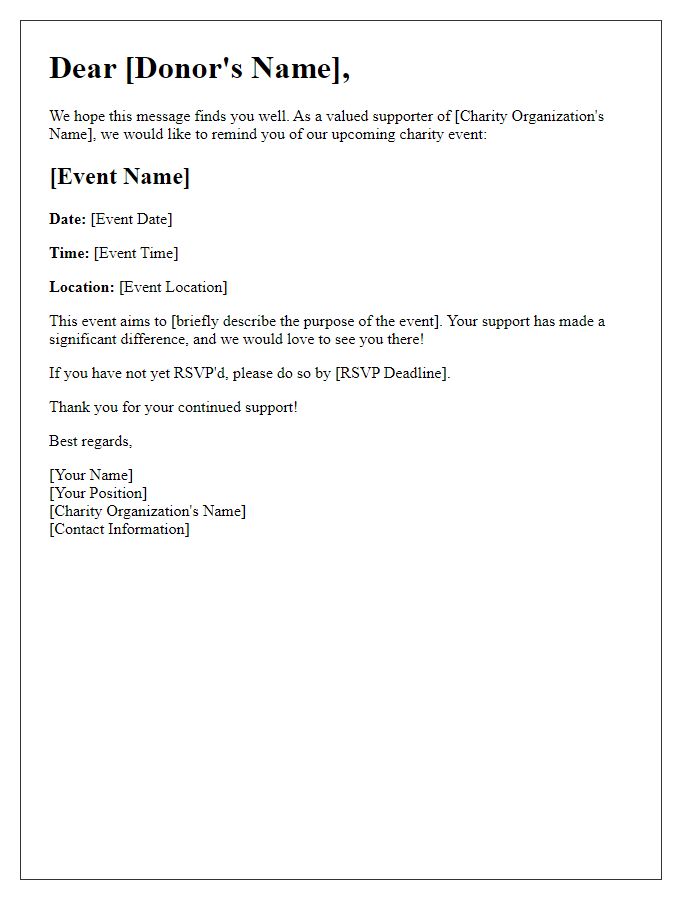 Letter template of charity event reminder for donors.