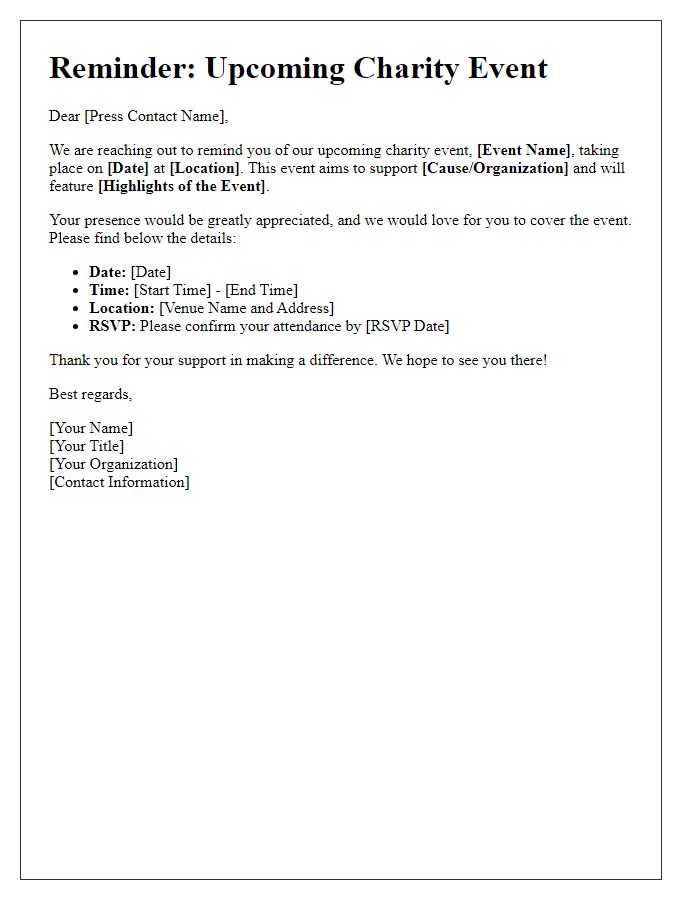 Letter template of charity event reminder for press contacts.