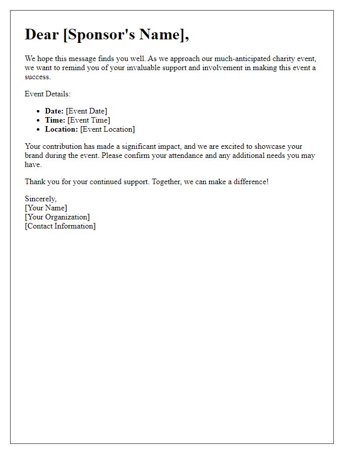 Letter template of charity event reminder for sponsors.