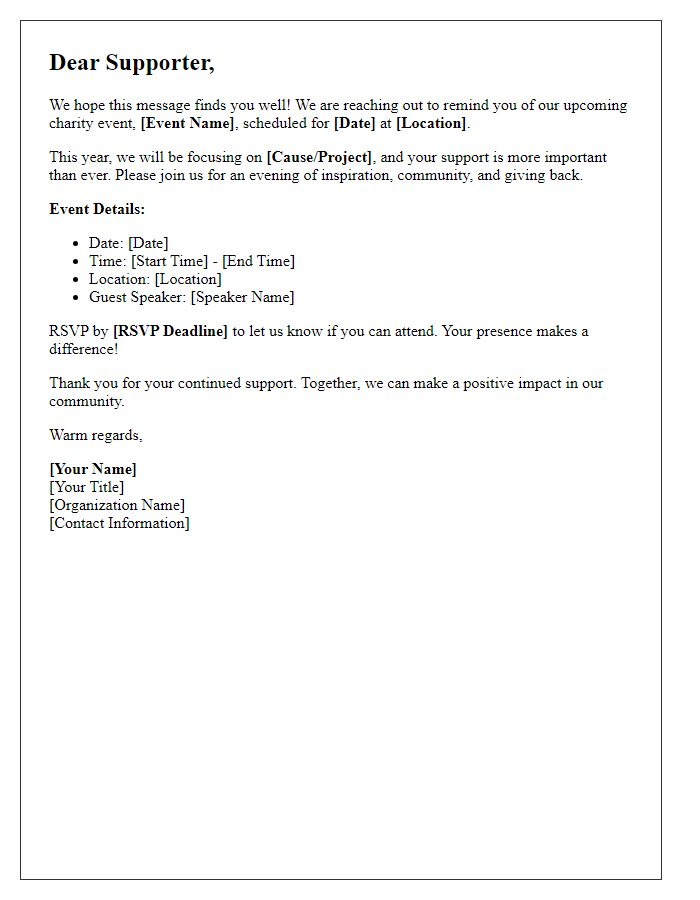 Letter template of charity event reminder for supporters.