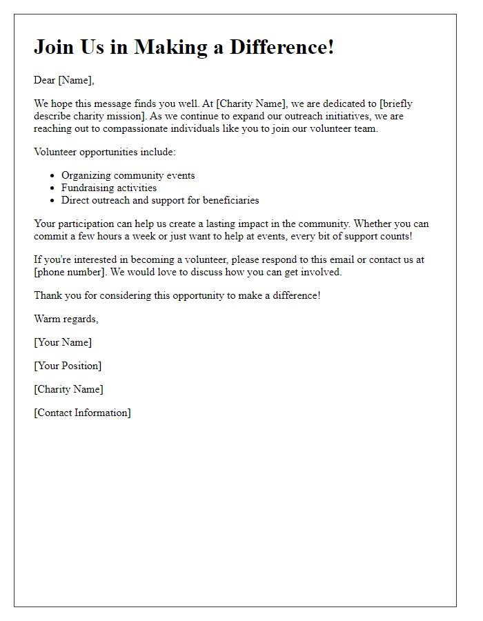 Letter template of volunteer recruitment for charity outreach initiatives