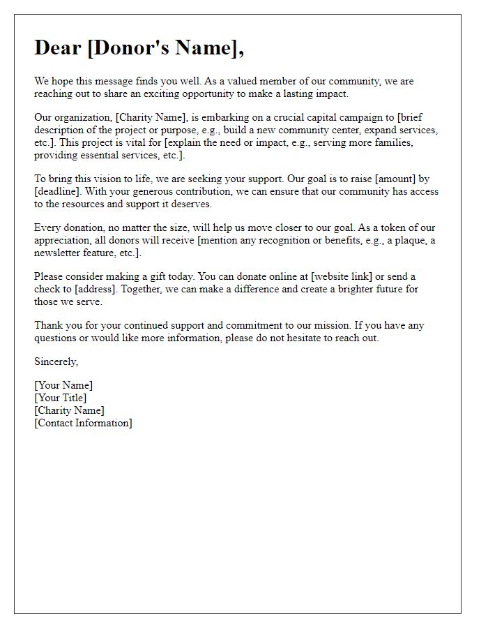 Letter template of fundraising appeal for charity capital campaign