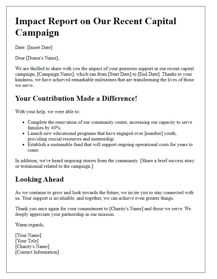 Letter template of impact report for charity capital campaign