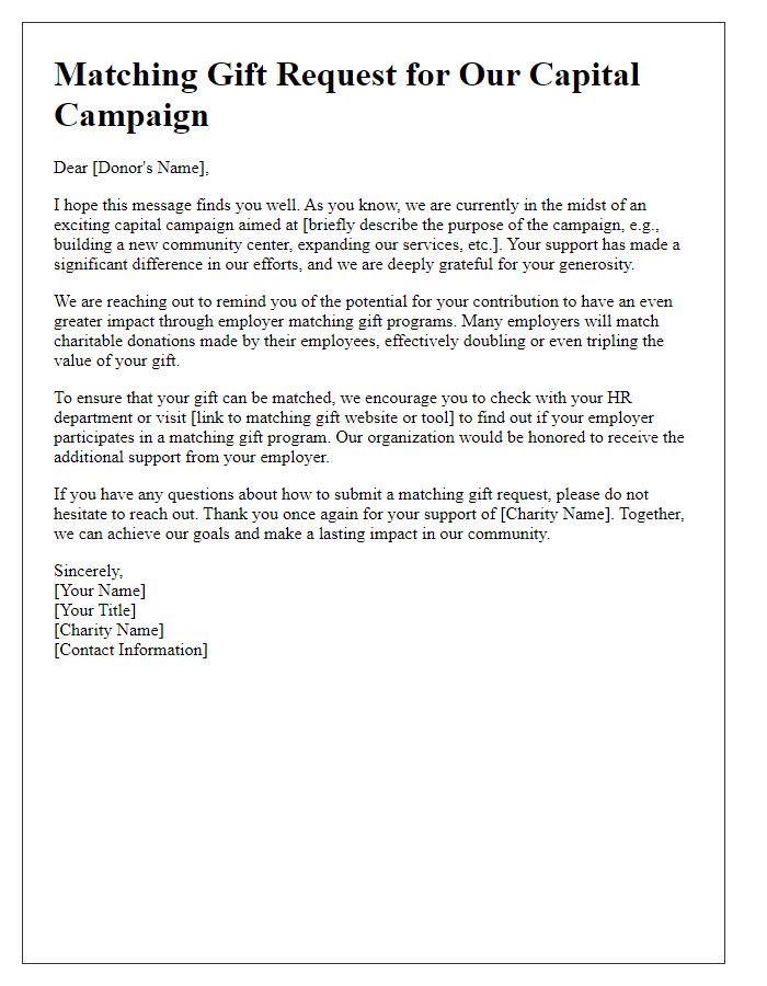 Letter template of matching gift request for charity capital campaign