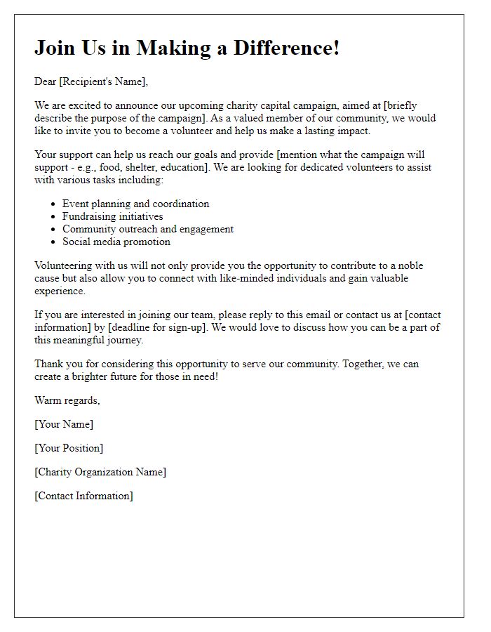 Letter template of volunteer recruitment for charity capital campaign