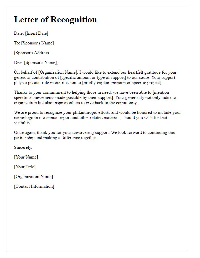 Letter template of recognition for generous charity sponsors