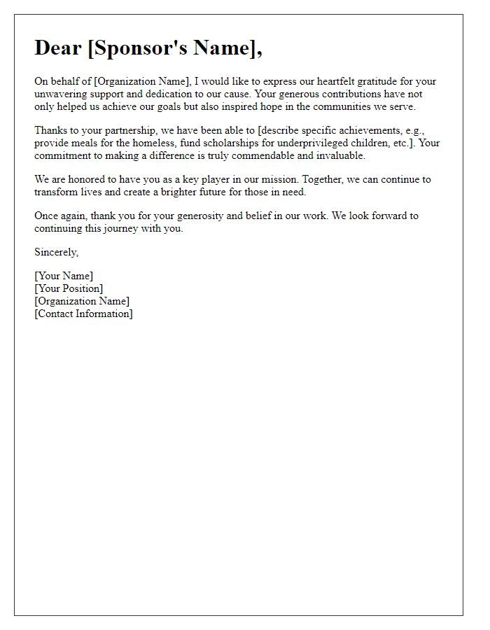 Letter template of tribute to our dedicated charity sponsors