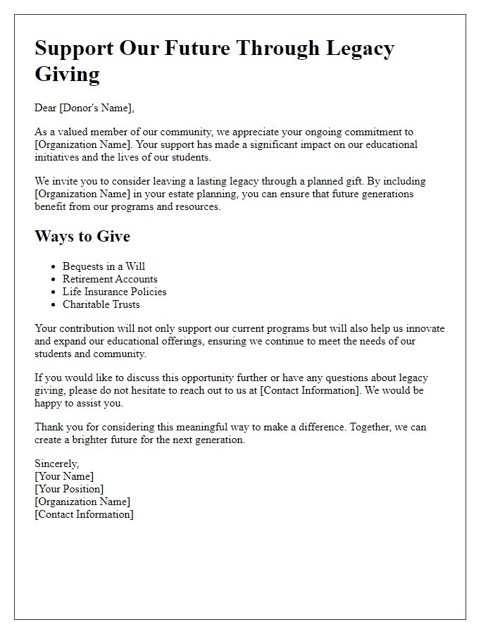 Letter template of educational resources for legacy giving.