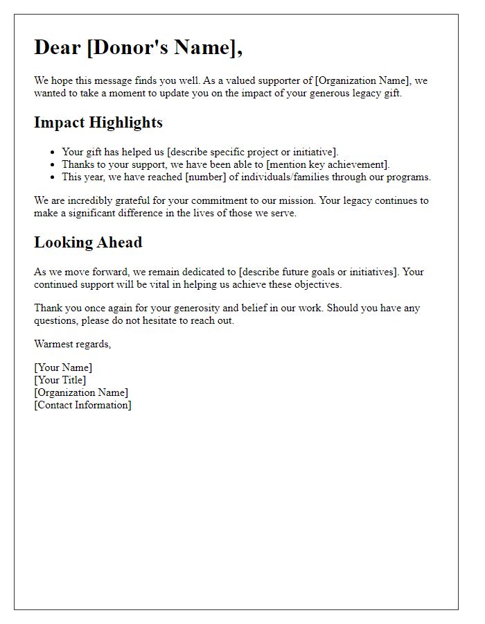 Letter template of update on legacy gift impact.