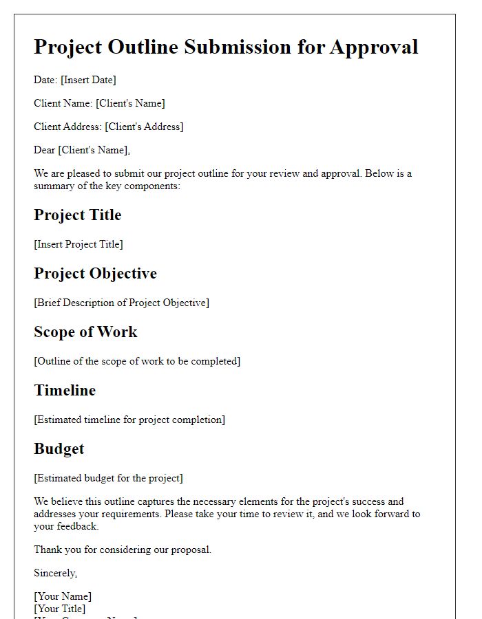 Letter template of submitted project outline for client approval