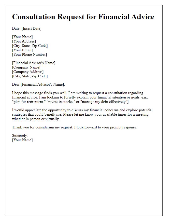 Letter template of consultation request for financial advice