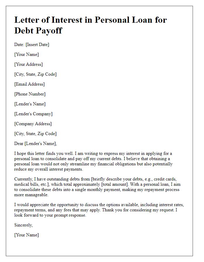 Letter template of interest in personal loan for debt payoff