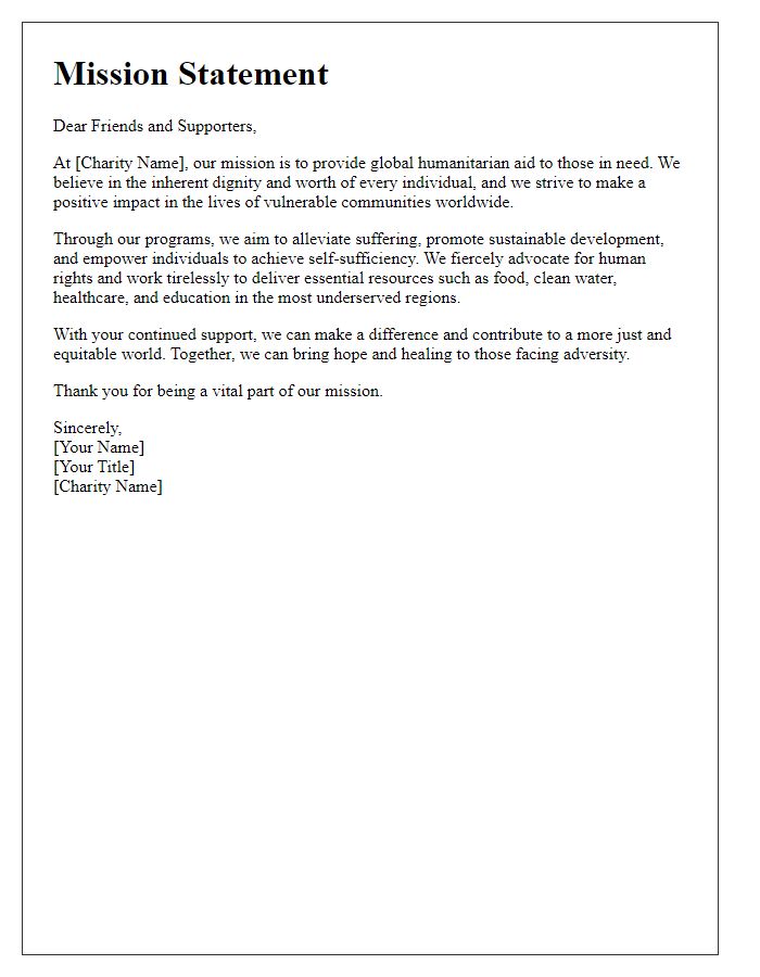 Letter template of a charity mission statement for global humanitarian aid