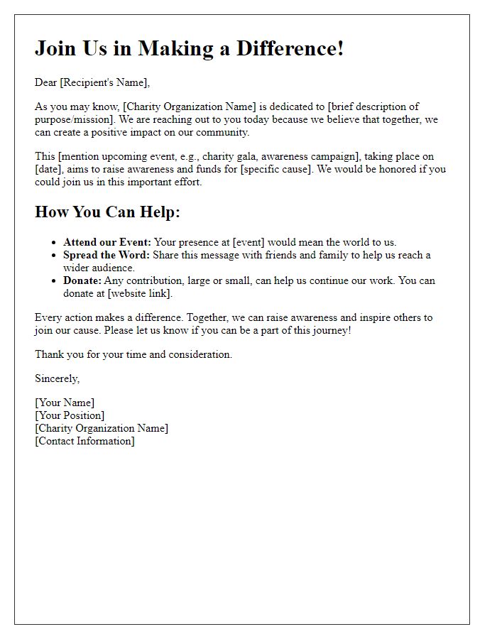 Letter template of call to action for charity awareness.