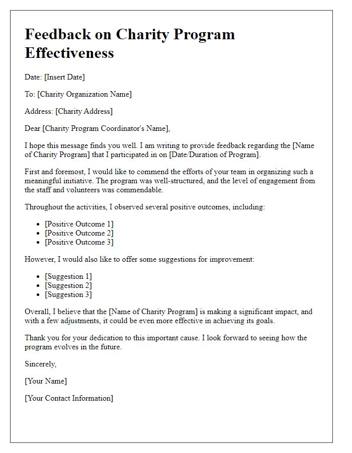 Letter template of feedback for charity program effectiveness.