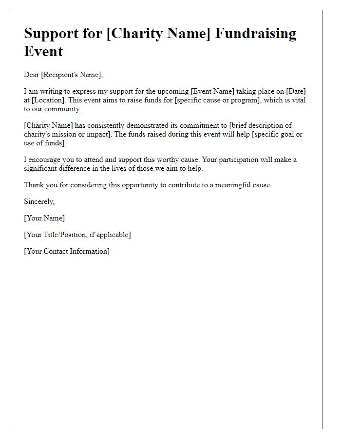 Letter template of support for a charity fundraising event.