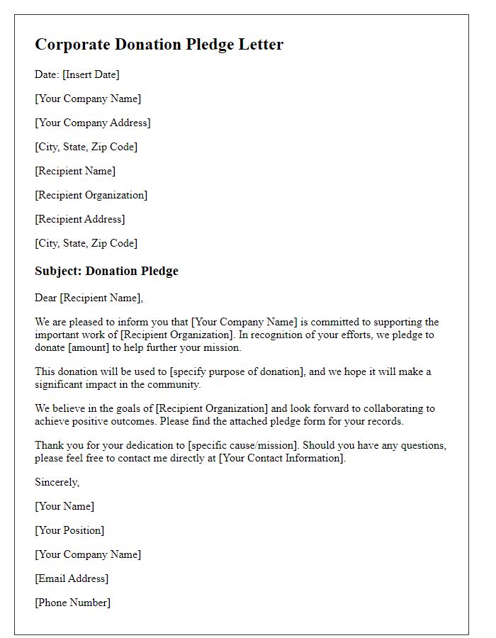 Letter template of corporate donation pledge