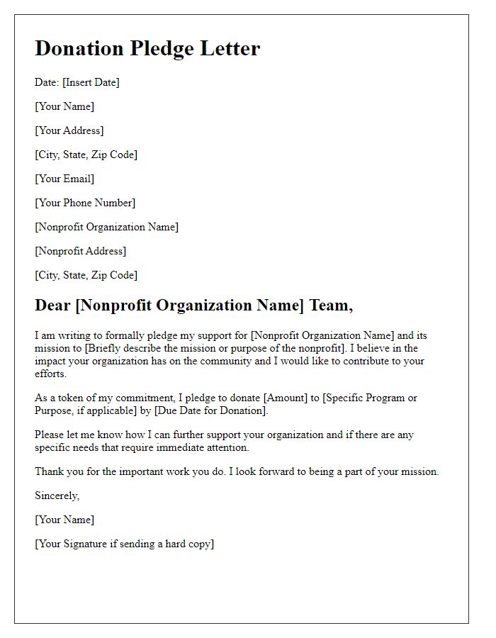 Letter template of donation pledge for nonprofit support