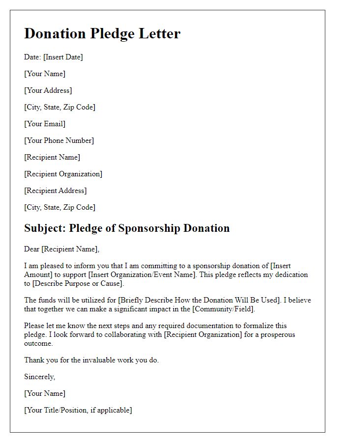 Letter template of sponsorship donation pledge