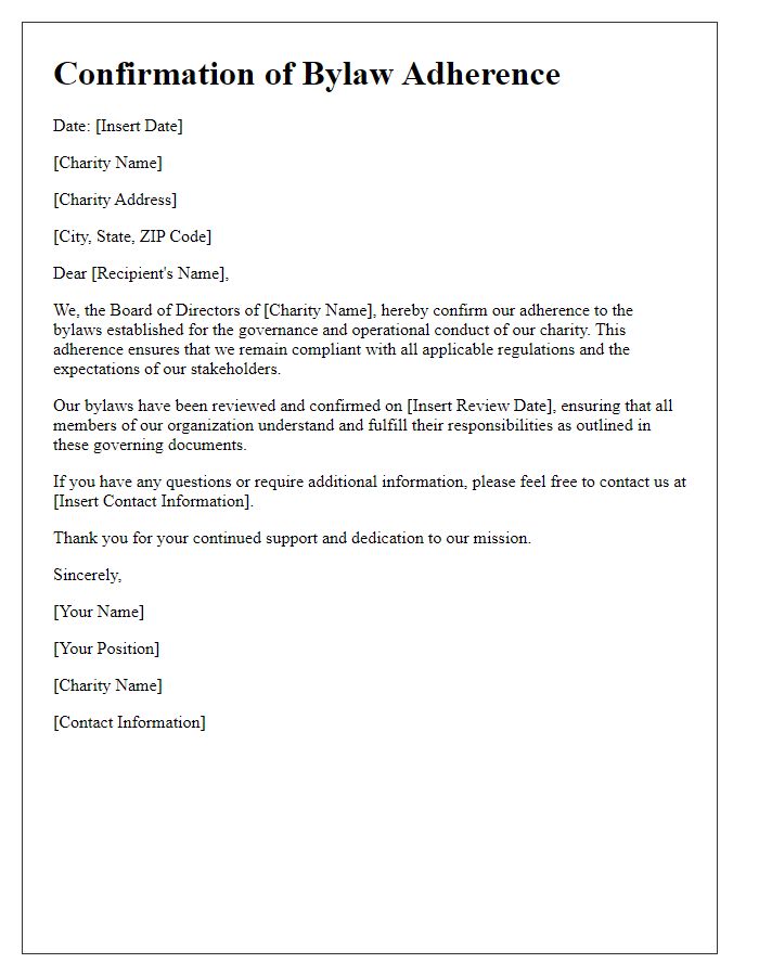 Letter template of confirmation for charity bylaw adherence.